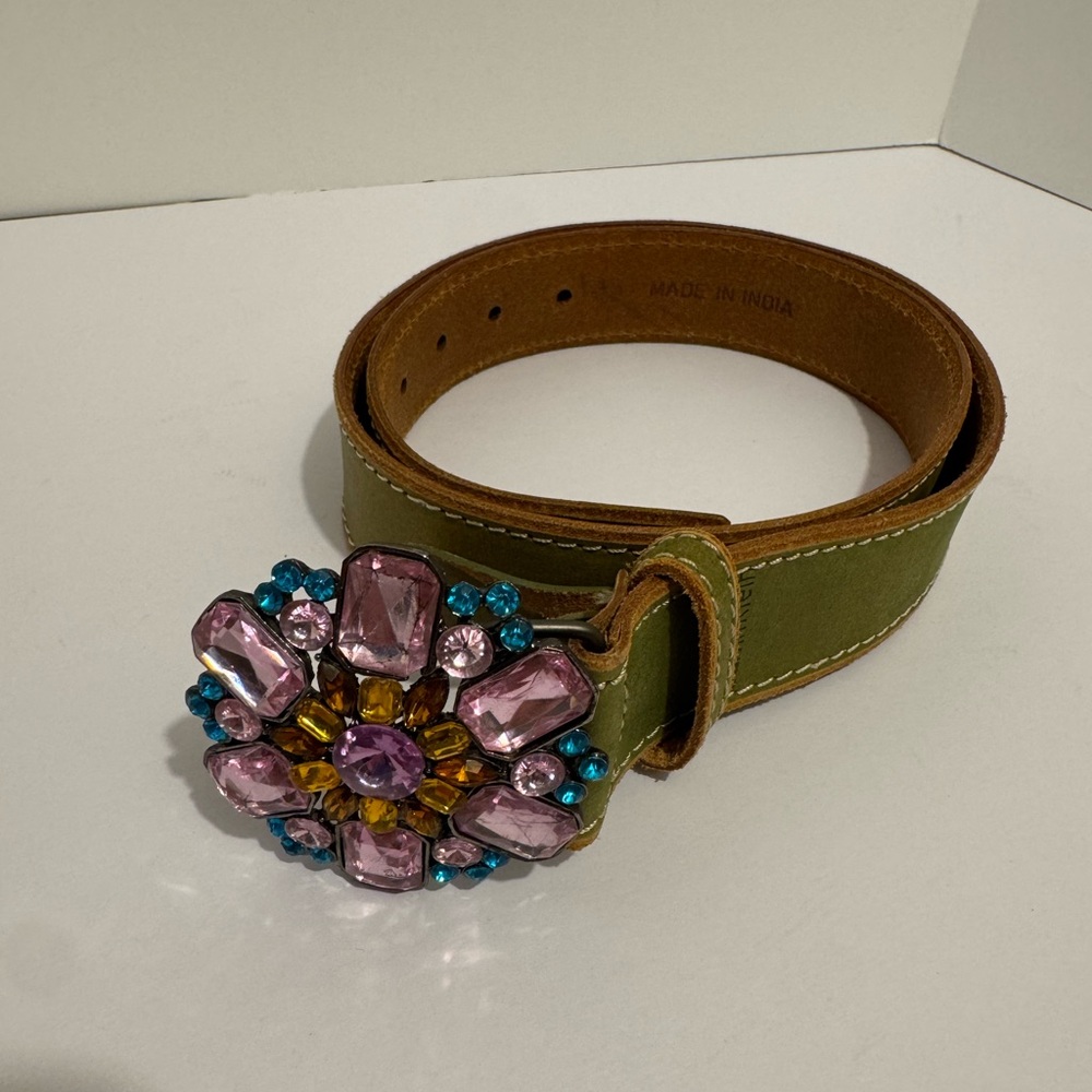 Calvin Klein Leather Belt Embellished Rhinestone Belt Buckle Size M Soft Green
